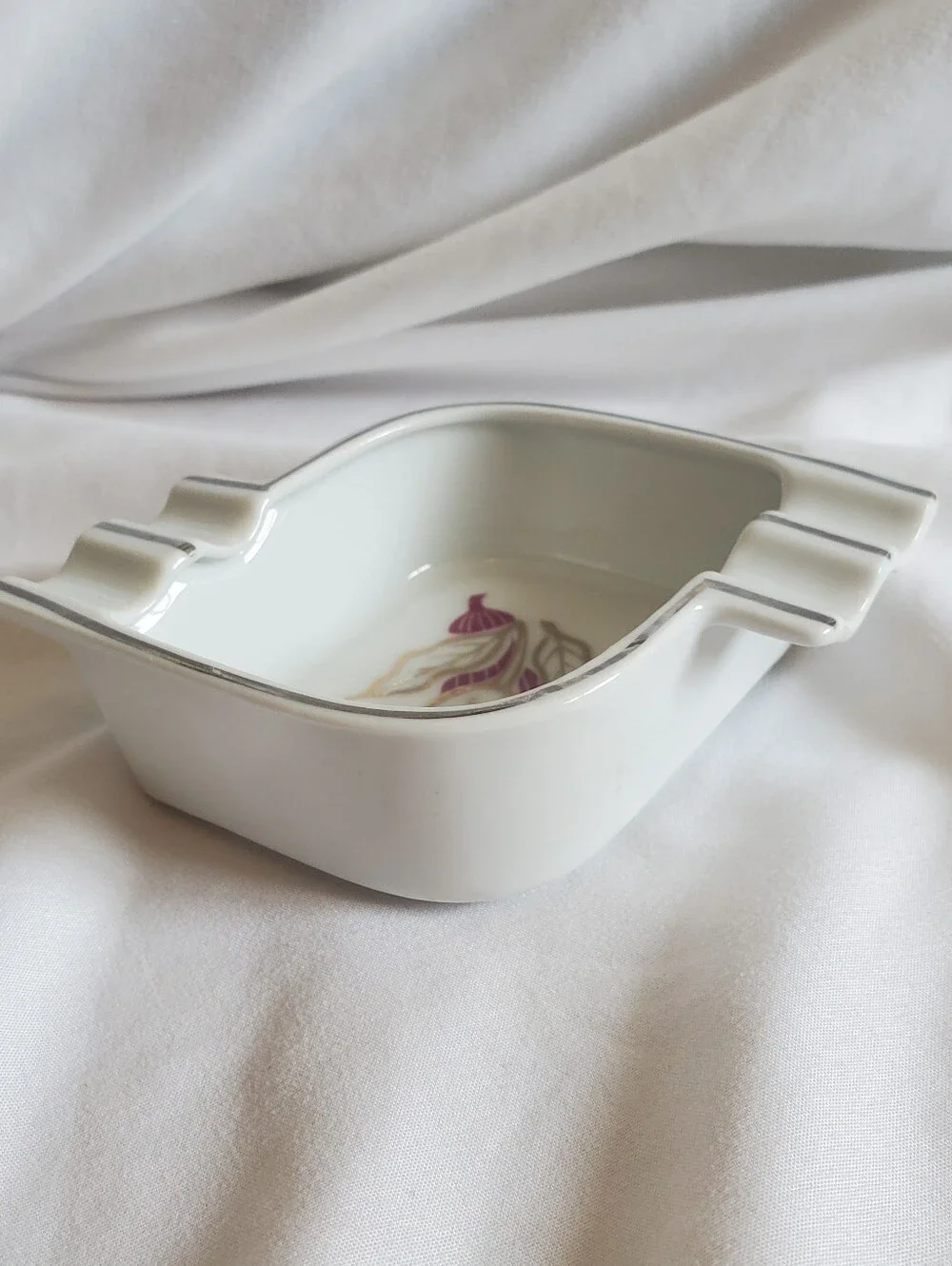 Ucagco China Vintage White Porcelain Ashtray with Gold and Plum Floral Accent